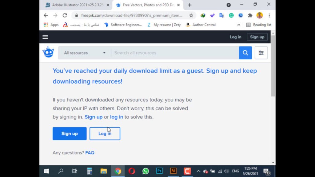 ثبت نام کردن یا ورود به سایت freepik